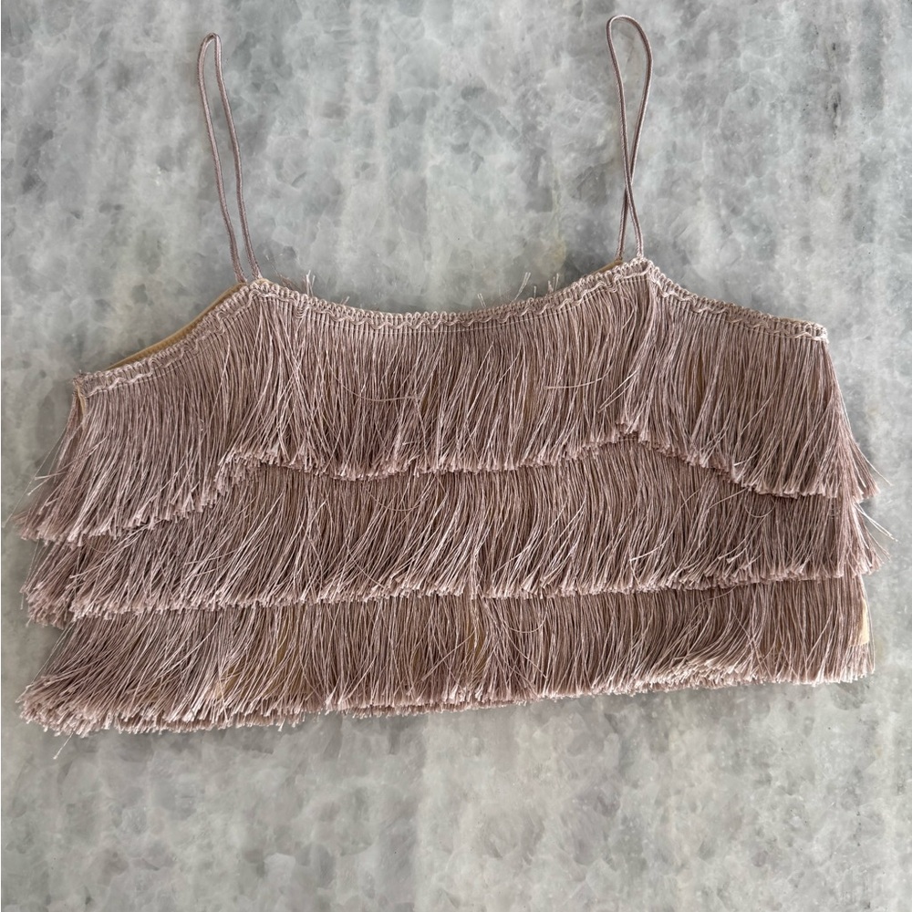 omighty Dusty Pink Fringe Tiered Spaghetti Strap Crop Cami